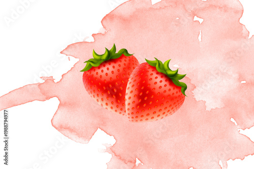 Realistic illustration of fresh strawberries on a pink watercolor splash