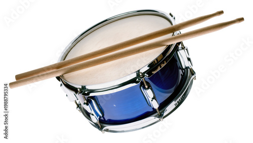 Fotografie Blue snare drum with wooden drumsticks, isolated on transparent background