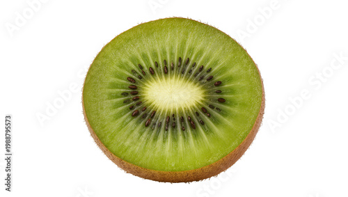 Fotografie Fresh kiwi slice with brown fuzzy skin and tiny black seeds, isolated on transpa