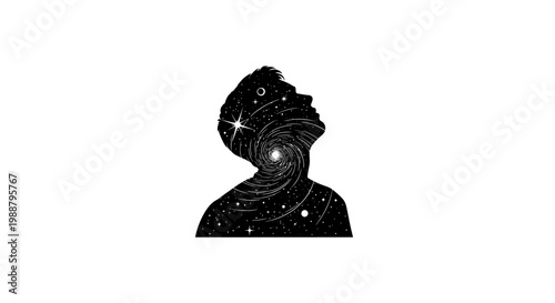a black silhouette of a person's head with a galaxy design.