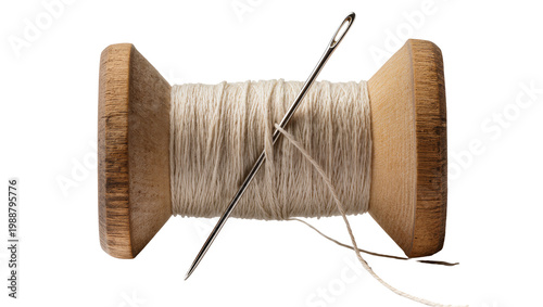 Canvas Print Wooden spool of beige thread with a metal needle, isolated on transparent backgr