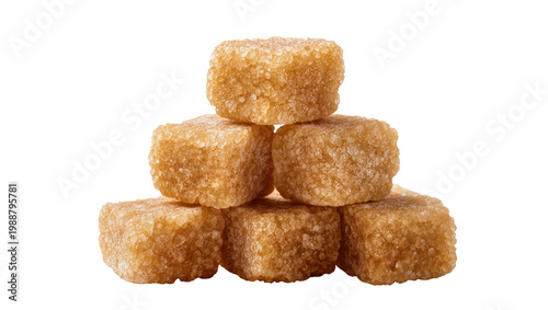Quadro su tela Stack of brown sugar cubes textured and granular, isolated on transparent backgr