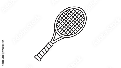 Minimalist Tennis Racket Vector Icon Illustration with Editable Stroke. Hand-Drawn Black Line Art Outline of a Professional Tennis Racquet for Sports Equipment, Fitness Apps, and Athletic Branding.