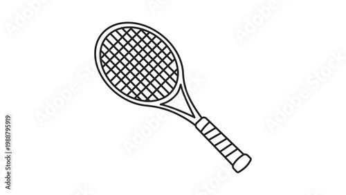 Tennis Racket Minimalist Black Line Vector Icon on White Background, Hand-Drawn Style Sports Equipment Illustration with Editable Stroke for Customizable Line Weight and Professional Design.