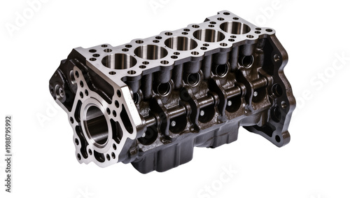 Foto Heavy duty cast iron engine block with six cylinders, isolated on transparent ba