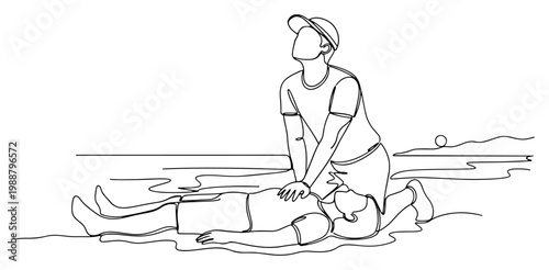CPR First Aid Training and Life Saving Procedure on Beach, One Line Art Minimalist Illustration of Lifeguard Performing Emergency Resuscitation