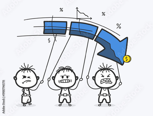 Three Doodle Characters Holding Falling Stock Market Chart Teamwork Crisis Vector
