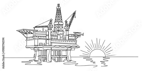 Offshore Oil Rig Platform at Sea with Helicopter and Sunset, Fuel Energy Production and Petroleum Industry, Minimalist One Line Art Drawing of Gas Station in Ocean