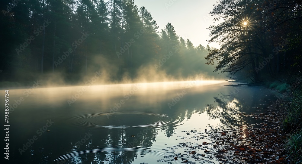 Naklejka premium Serene lake reflection with forest and mountain scenery at dusk