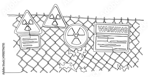 Radioactive Warning Signs on Wire Fence, Nuclear Danger Zone and Radiation Hazard Concept, Minimalist One Line Art Illustration