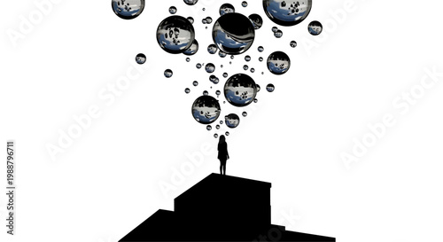A person standing on a hill with floating bubbles.