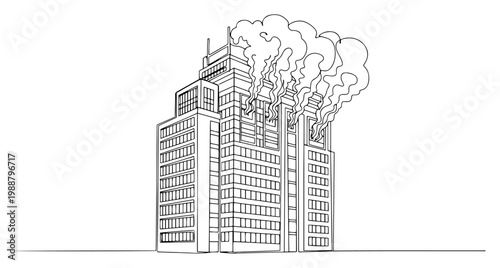 Burning Skyscraper Office Building on Fire with Smoke Clouds, Emergency Disaster Scene, Minimalist One Line Art Illustration