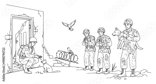 Soldiers Helping Animals in War Zone, Humanity and Compassion Concept, Army Men Rescuing Cat and Dog, One Line Art Minimalist Drawing