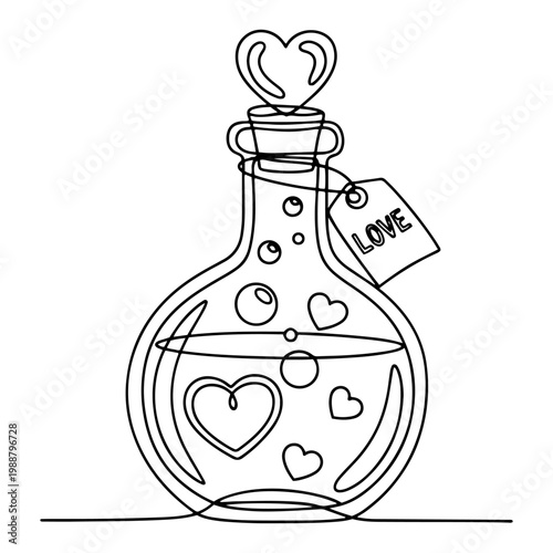 Love Potion Bottle with Hearts and Tag, Romantic Elixir for Valentines Day, Minimalist One Line Art Illustration of Magic Potion