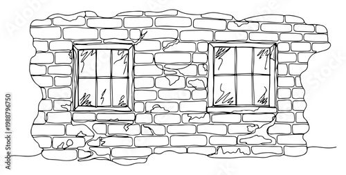 Old Brick Wall with Windows and Cracked Plaster, Abandoned House Architecture Sketch, One Line Art Minimalist Illustration