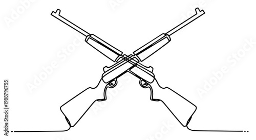 Crossed Rifles Hunting Guns Illustration, One Line Art Military or Hunting Concept, Minimalist Firearms Symbol