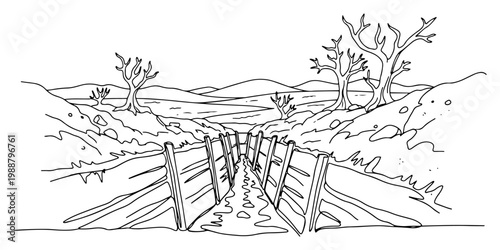 Military Trench in Battlefield Landscape with Dead Trees, Historical War Scene One Line Art, Minimalist World War Frontline Background