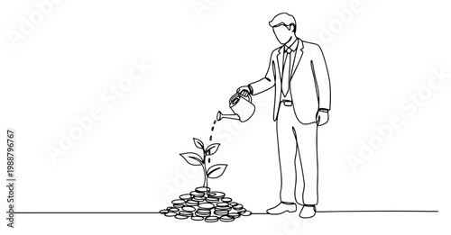 Businessman Watering Money Plant Growth, Financial Investment and Success Concept, Minimalist One Line Art Business Illustration