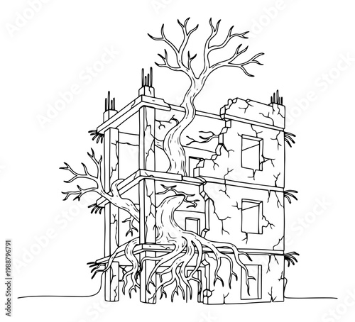 Ruined Abandoned Building Overgrown with Tree Roots, Nature Reclaiming City Post Apocalypse Concept, One Line Art Minimalist Illustration