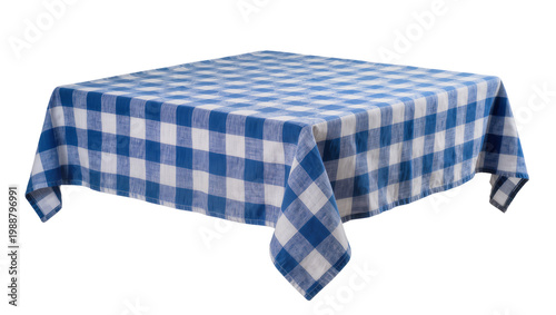 Φωτογραφία Blue and white checkered tablecloth draped over a table, isolated on transparent