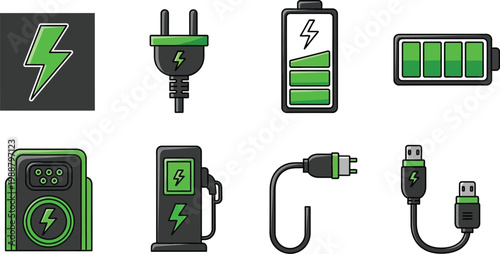 Batteries and charging equipment are displayed as a set of digital icons.
