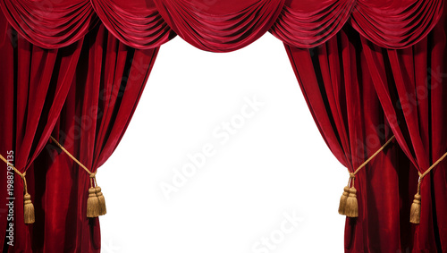 Rich red velvet theater curtains with gold tassels, isolated on transparent background