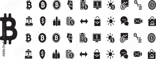 A set of black icons related to cryptocurrency and finance on a white background