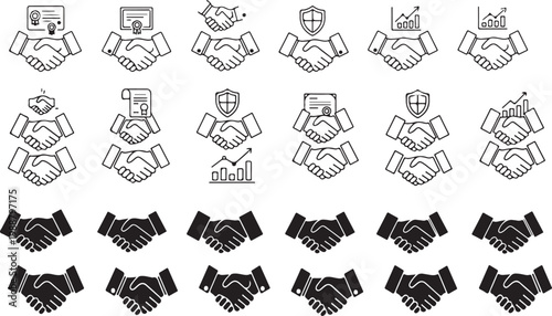 A set of black and white vector illustrations depicting various handshake icons, including business partnerships, agreements, and security concepts, isolated on white background