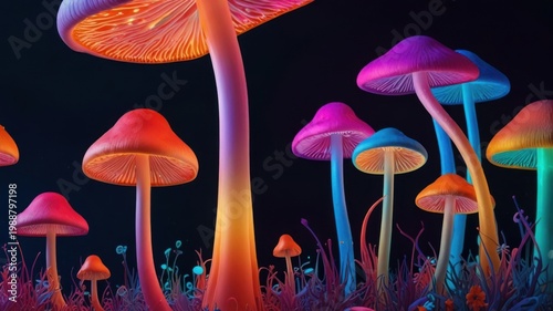 3D Mushroom Forest with Vibrant Psychedelic Fantasy Background