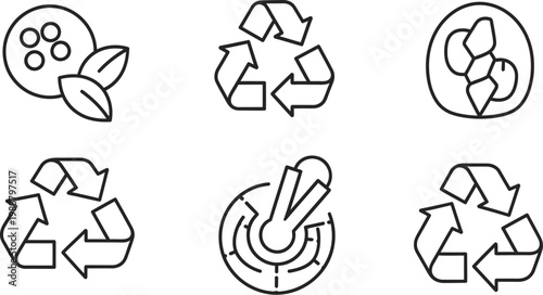 Recycle symbols depict waste management processes and sustainable material.