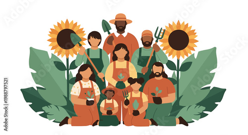 Diverse Group of Gardeners Posing Together with Sunflowers and Plants.
