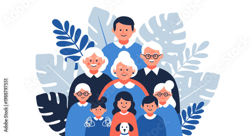 Diverse Multi-Generational Family Portrait Illustration.
