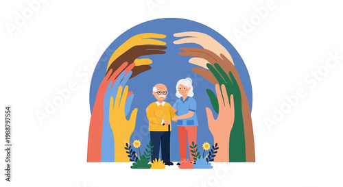 Elderly couple protected by diverse hands community support concept.