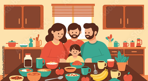 Family enjoying breakfast together at the kitchen table.