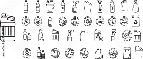  Vector icons depicting various eco friendly and non eco friendly plastic bottles, containers, bags, and spray bottles with recycling symbols