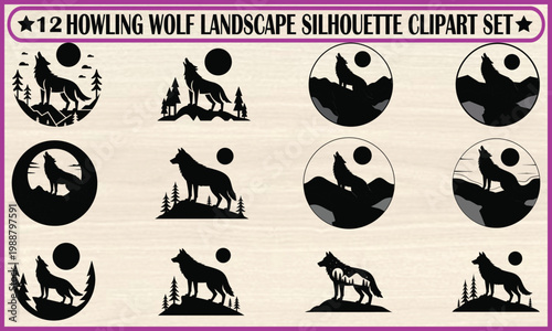 Black and white silhouettes of howling wolves in various landscapes isolated on white background, Vector