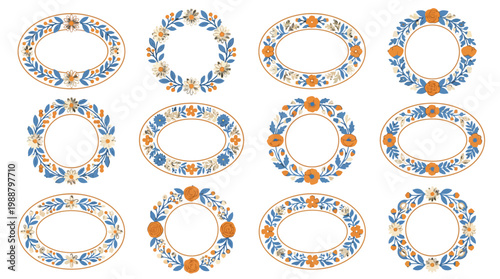 Set of Floral Wreath Frames with Blue Leaves and Orange Flowers for Wedding Invitations Greeting Cards and Decorative Design