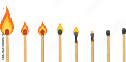 Colorful vector illustration of burning matchsticks symbolizing fire progression and burnout