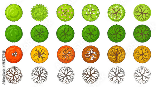 Set of Flat Vector Tree Icons for Landscape Architecture Design and Garden Planning Projects in Seasonal Colors and Styles