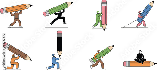 Colorful vector illustration of people with pencils symbolizing creativity and effort