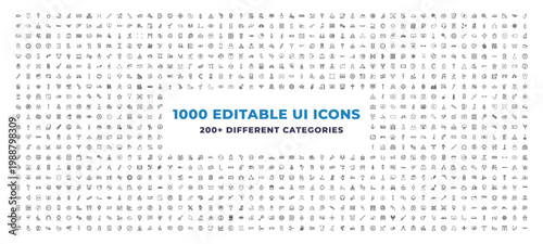 Mega Set of 1000 outline icons - wind energy, military airplane, soldier. editable vector for web and mobile ui. Multipurpose collection