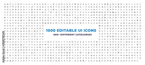 Mega Set of 1000 outline icons - football ball, surf, data folder. editable vector for web and mobile ui. Multipurpose collection