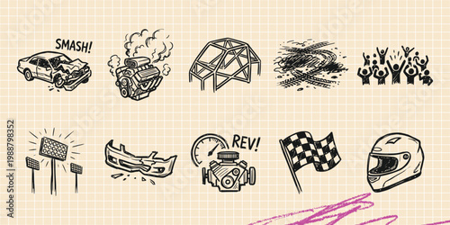 Black ink scribble doodle vector vintage hand drawn illustration of demolition derby auto racing. Wrecked car, track flags, and motorsport elements.