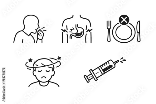 Medical Health Symptoms Line Art Icons Set Featuring Coughing, Stomach Ache, Loss of Appetite, Dizziness, and Syringe Injection for Healthcare, Disease Diagnosis, and Patient Care Illustrations.