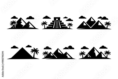 Set of ancient pyramid silhouette icons featuring Egyptian and Mayan architectural styles with palm trees and clouds, ideal for travel, history, desert landscape, and cultural design projects.
