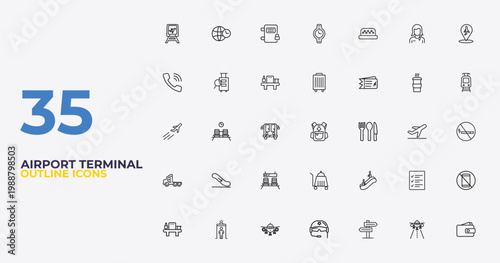 outline airport terminal icons set - trip luggage, or up, purse with bill. editable vector for web and mobile ui