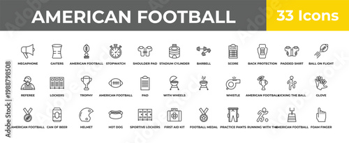 outline american football icons set - trophy, can of beer, foam finger. editable vector for web and mobile ui