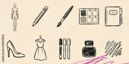 Black ink scribble doodle vector vintage hand drawn illustration of fashion design and drawing craft. Mannequin, sketchbook, dress, and pencil tools.