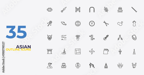 outline asian icons set - yuan, pouch, firecrackers. editable vector for web and mobile ui