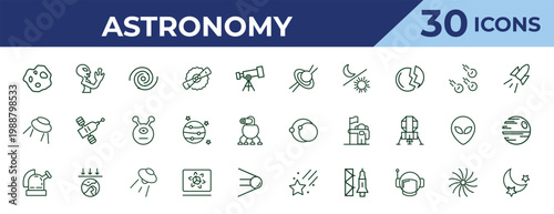 outline astronomy icons set - quasar, big ufo, observatory. editable vector for web and mobile ui